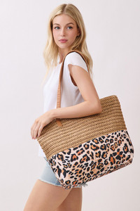 Leopard Pattern Fabric Print with Straw Tote Bag
