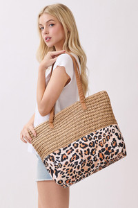 Leopard Pattern Fabric Print with Straw Tote Bag
