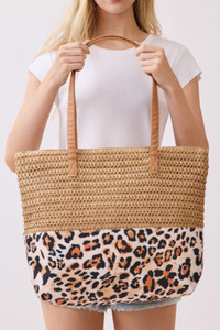Leopard Pattern Fabric Print with Straw Tote Bag
