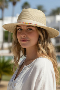 Woven Multicolor Trim Summer Straw Fedora Sun Hat
