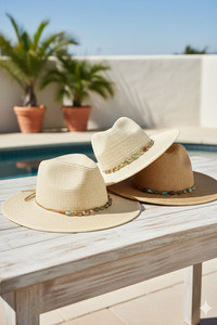 Turquoise Stone Band Summer Straw Fedora Sun Hat
