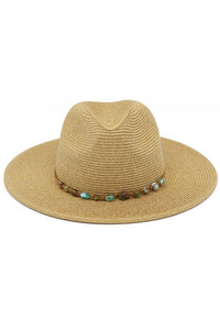 Turquoise Stone Band Summer Straw Fedora Sun Hat
