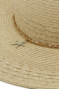 Starfish Charm and Beaded Band Wide Brim Summer Straw Sun Hat
