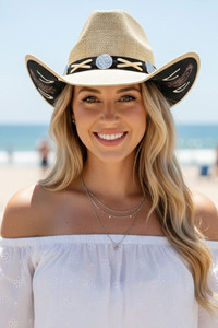 Under-Brim Horse & Horseshoe Print with X-Lace and Conchos Western Cowboy Hat Cowgirl Hat
