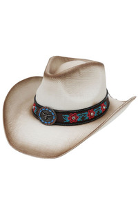 Rhinestone Flower Embroidered with Longhorn Steer Concho Straw Cowboy Hat
