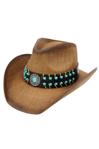 Antiqued Concho with Vintage Turquoise Beaded Straw Cowboy Hat Cowgirl Hat
