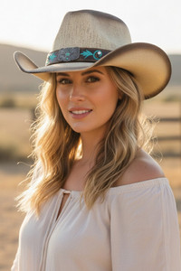 Butterfly Concho Turquoise Bloom Band Distressed Straw Cowboy Hat Cowgirl Hat
