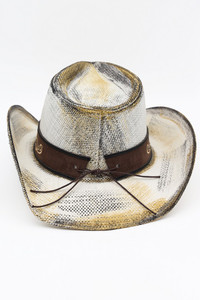 Ornate Oval Buckle Faux Leather Band Antique Wash Cowboy Hat Cowgirl Hat
