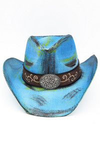 Ornate Oval Buckle Faux Leather Band Antique Wash Cowboy Hat Cowgirl Hat
