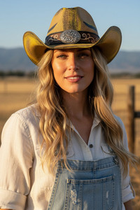 Ornate Oval Buckle Faux Leather Band Antique Wash Cowboy Hat Cowgirl Hat