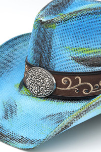 Ornate Oval Buckle Faux Leather Band Antique Wash Cowboy Hat Cowgirl Hat