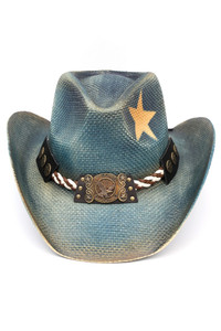 Eagle Buckle, Braided Rope and Stars Distressed Cowboy Hat Cowgirl Hat