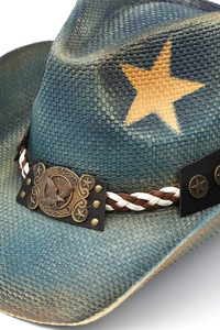 Eagle Buckle, Braided Rope and Stars Distressed Cowboy Hat Cowgirl Hat
