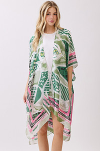 Abstract Botanical Print and Pattern Edge Silky Feel Kimono Cover Up