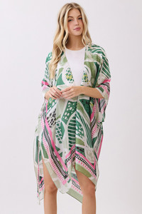 Abstract Botanical Print and Pattern Edge Silky Feel Kimono Cover Up