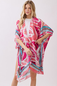 Abstract Botanical Print and Pattern Edge Silky Feel Kimono Cover Up