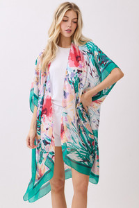 Abstract Floral Print and Solid Color Edge Silky Feel Kimono Cover Up