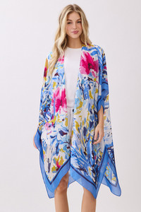 Abstract Floral Print and Solid Color Edge Silky Feel Kimono Cover Up