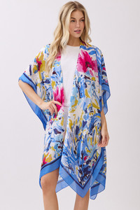 Abstract Floral Print and Solid Color Edge Silky Feel Kimono Cover Up