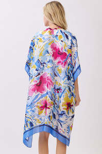 Abstract Floral Print and Solid Color Edge Silky Feel Kimono Cover Up