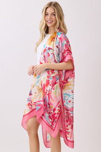 Abstract Floral Print and Solid Color Edge Silky Feel Kimono Cover Up