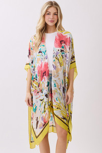 Abstract Floral Print and Solid Color Edge Silky Feel Kimono Cover Up