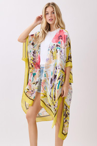 Abstract Floral Print and Solid Color Edge Silky Feel Kimono Cover Up