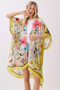 Abstract Floral Print and Solid Color Edge Silky Feel Kimono Cover Up