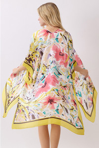 Abstract Floral Print and Solid Color Edge Silky Feel Kimono Cover Up