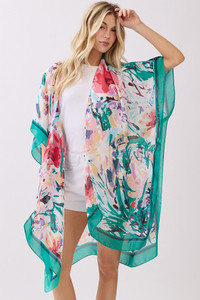 Abstract Floral Print and Solid Color Edge Silky Feel Kimono Cover Up