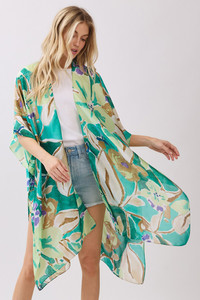 Vibrant Botanic Print Silky Feel Kimono Cover Up