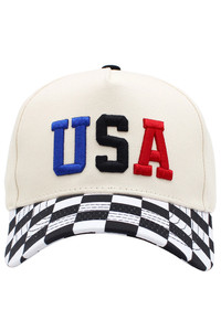 USA Embroidered Letter Checker Pattern Brim Baseball Cap
