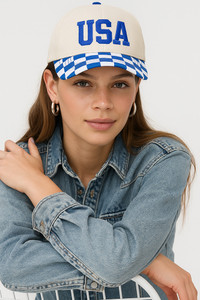 USA Embroidered Letter Checker Pattern Brim Baseball Cap
