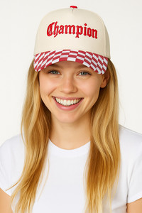 CHAMPION Embroidered Letter on Checkered Brim Baseball Cap
