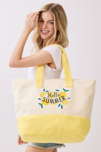 HELLO SUMMER letter and Lemons Print Terry Tote Bag
