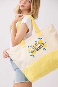 HELLO SUMMER letter and Lemons Print Terry Tote Bag
