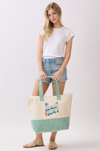BEACH BUM letter with Palm Tree and Drink Print Terry Tote Bag
