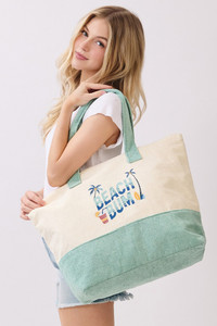 BEACH BUM letter with Palm Tree and Drink Print Terry Tote Bag
