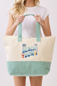 BEACH BUM letter with Palm Tree and Drink Print Terry Tote Bag
