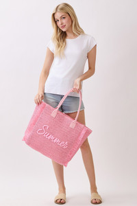 SUMMER Letter and Gold Lurex Woven Straw Fringe Tote Bag
