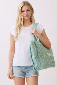 SUMMER Letter and Gold Lurex Woven Straw Fringe Tote Bag
