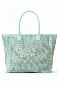 SUMMER Letter and Gold Lurex Woven Straw Fringe Tote Bag
