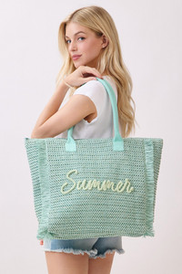 SUMMER Letter and Gold Lurex Woven Straw Fringe Tote Bag
