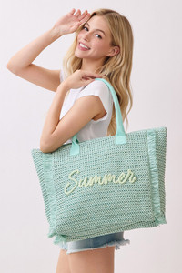 SUMMER Letter and Gold Lurex Woven Straw Fringe Tote Bag
