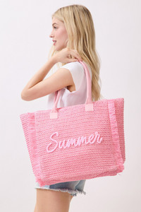 SUMMER Letter and Gold Lurex Woven Straw Fringe Tote Bag
