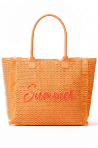 SUMMER Letter and Gold Lurex Woven Straw Fringe Tote Bag
