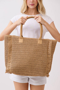SUMMER Letter and Gold Lurex Woven Straw Fringe Tote Bag
