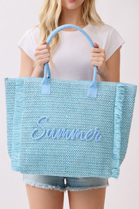 SUMMER Letter and Gold Lurex Woven Straw Fringe Tote Bag
