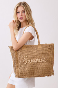SUMMER Letter and Gold Lurex Woven Straw Fringe Tote Bag
