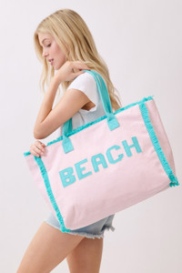 BEACH Letter Frayed Edge Trim Summer Tote Bag
